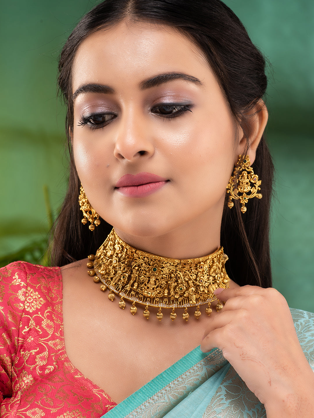 GoldPlated Green AD Embellished Shri Lakshmi Temple Choker Jewellery Set, zaveri pearls, sale price rs, sale price, sale gold plated, sale gold, sale, rubans, ring, regular price, priyassi je